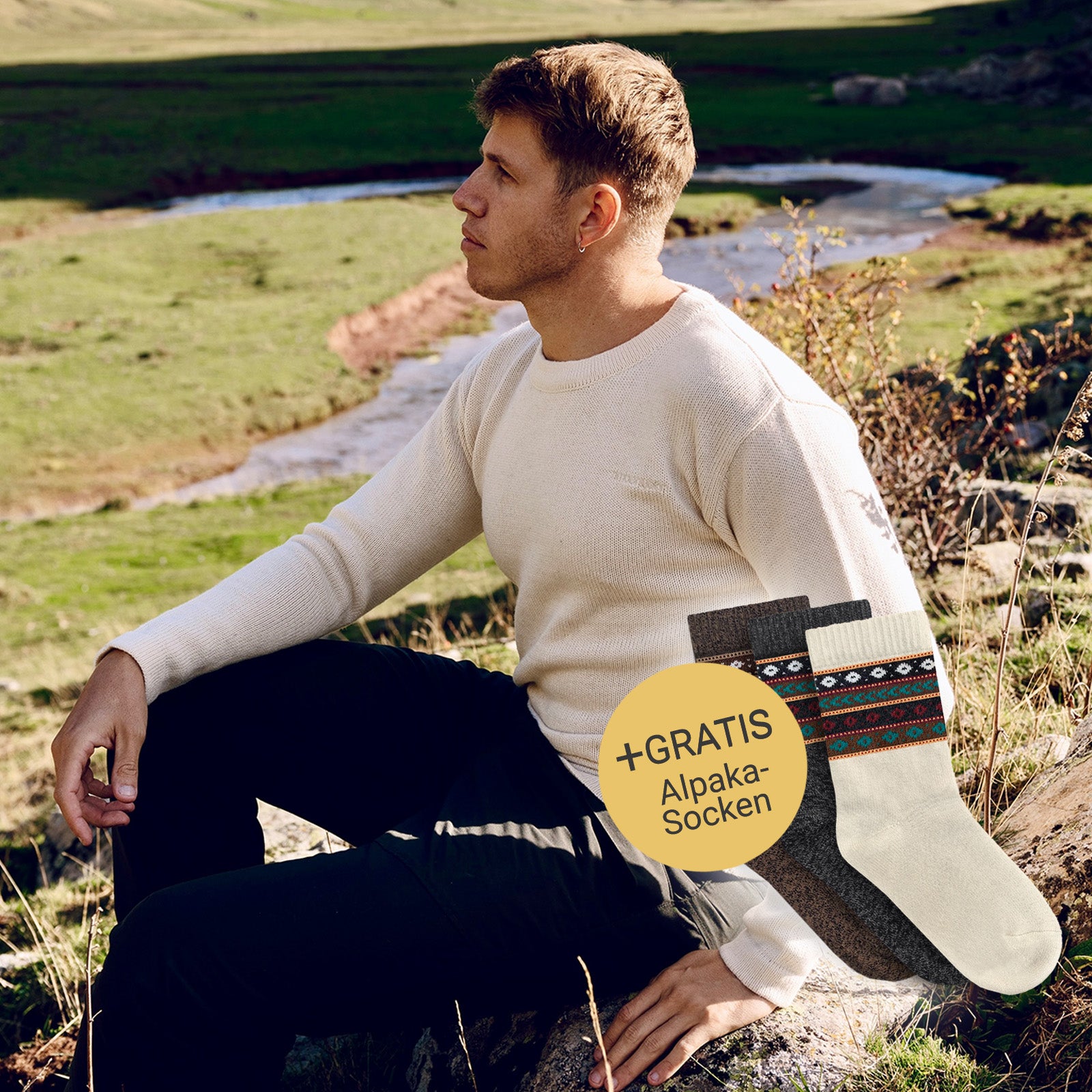 Men's alpaca sweater classic cream + free Alpaka socks